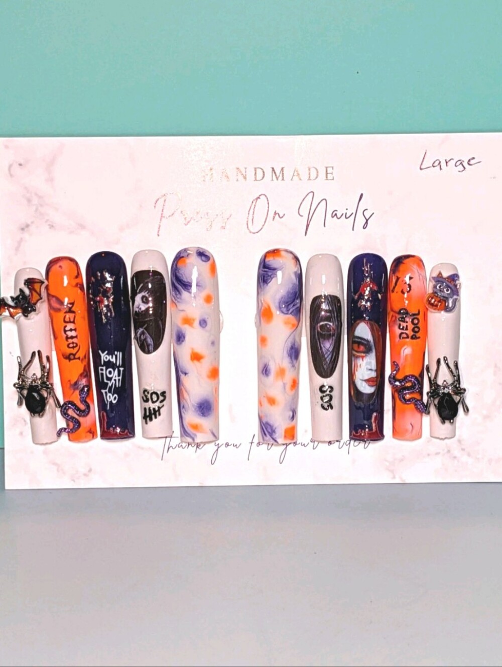 Hand Crafted 3Xl Halloween Press-On Nails - Orange, Purple, White Sz Large